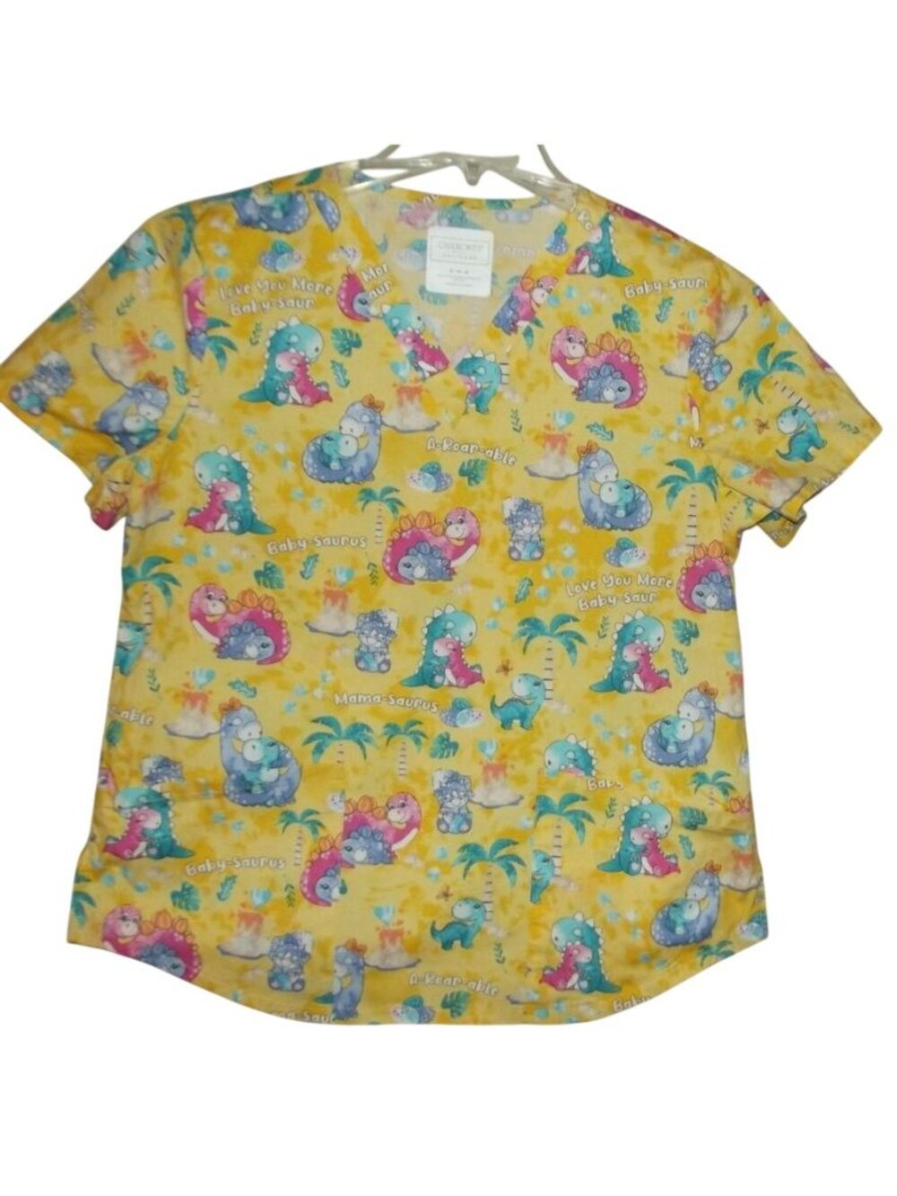 Cherokee Scrub Top Womens Size Medium Yellow Dinosaur v-neck cotton